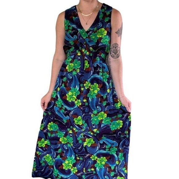 Vintage 1960s Womens Handmade Hawaiian Tropical Retro Psychedelic Maxi Dress - Picture 3 of 8